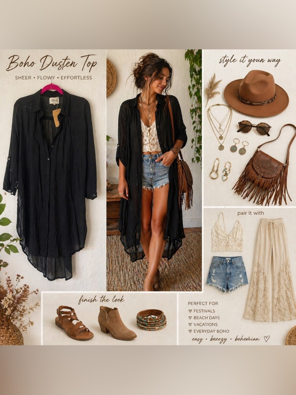 Boho Sheer Black Duster Top • Lightweight Kimono Top Cardigan Size OS NWT - Picture 6 of 8